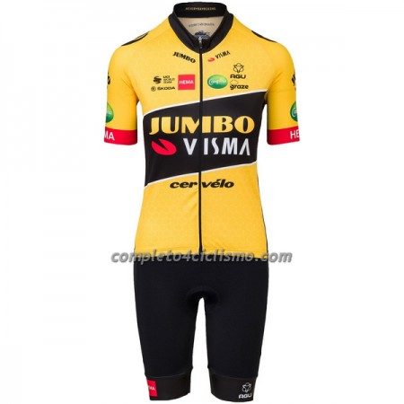 Completo Maglia + Pantaloncino con bretelle 2022 Jumbo-Visma Manica Corta Giallo Nero Donna